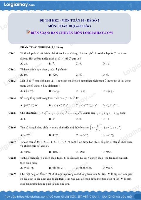 Đề kiểm tra học kì 2 Toán 10 - Đề số 2 - Cánh diều